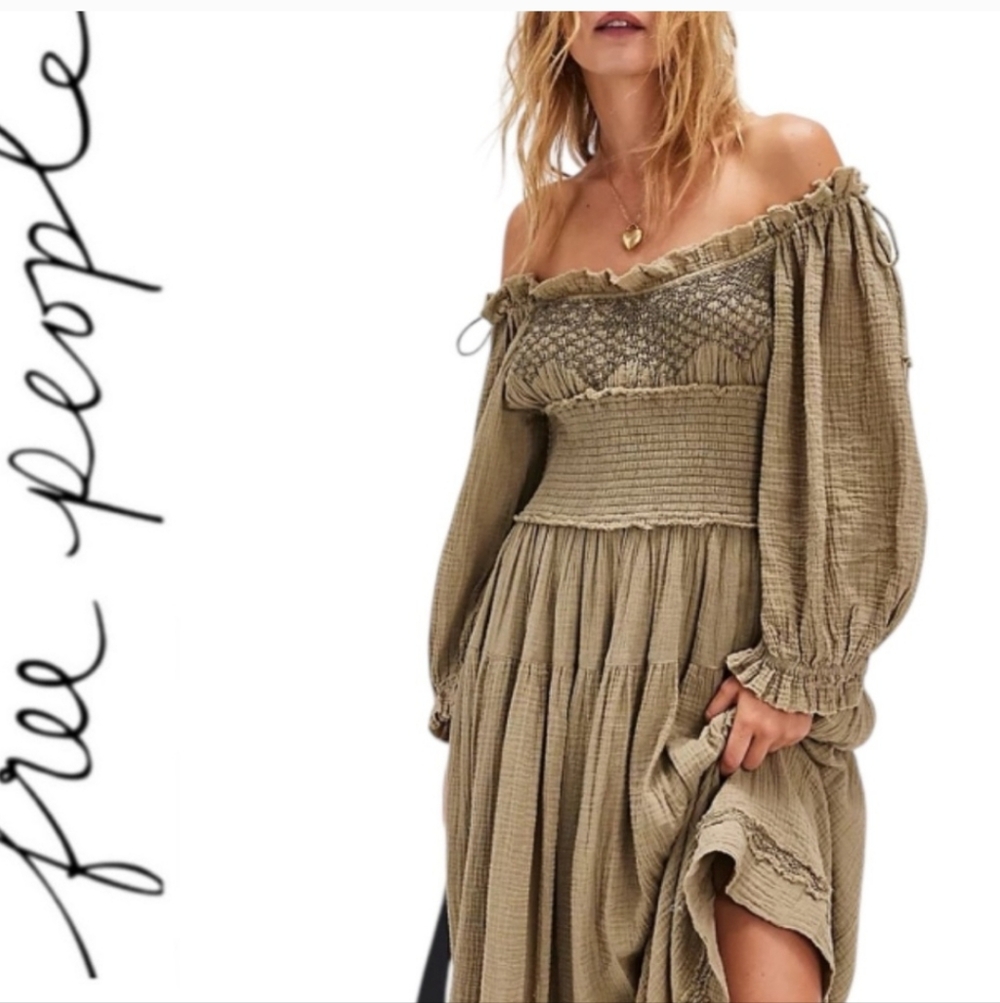 Free People Off-Shoulder Long Sleeve Boho Dress
